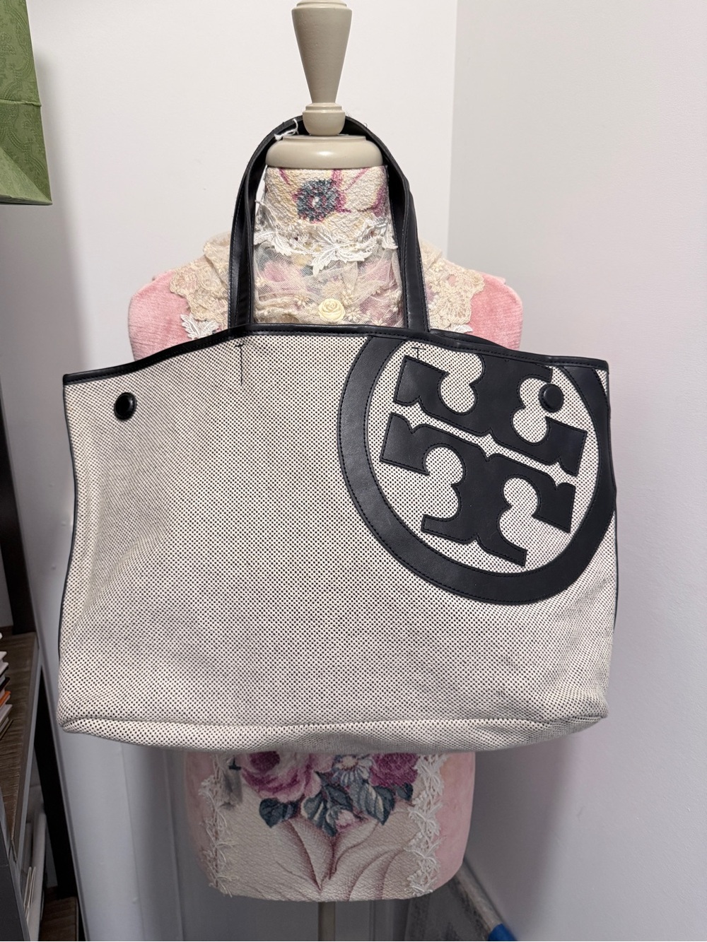 Tory Burch Black & Natural Canvas Logo Tote